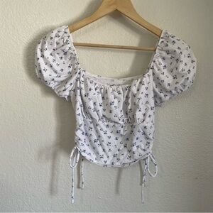 Hollister Dainty Floral White Blue Cinch Side Tie Short Bubble Sleeve Crop Top M